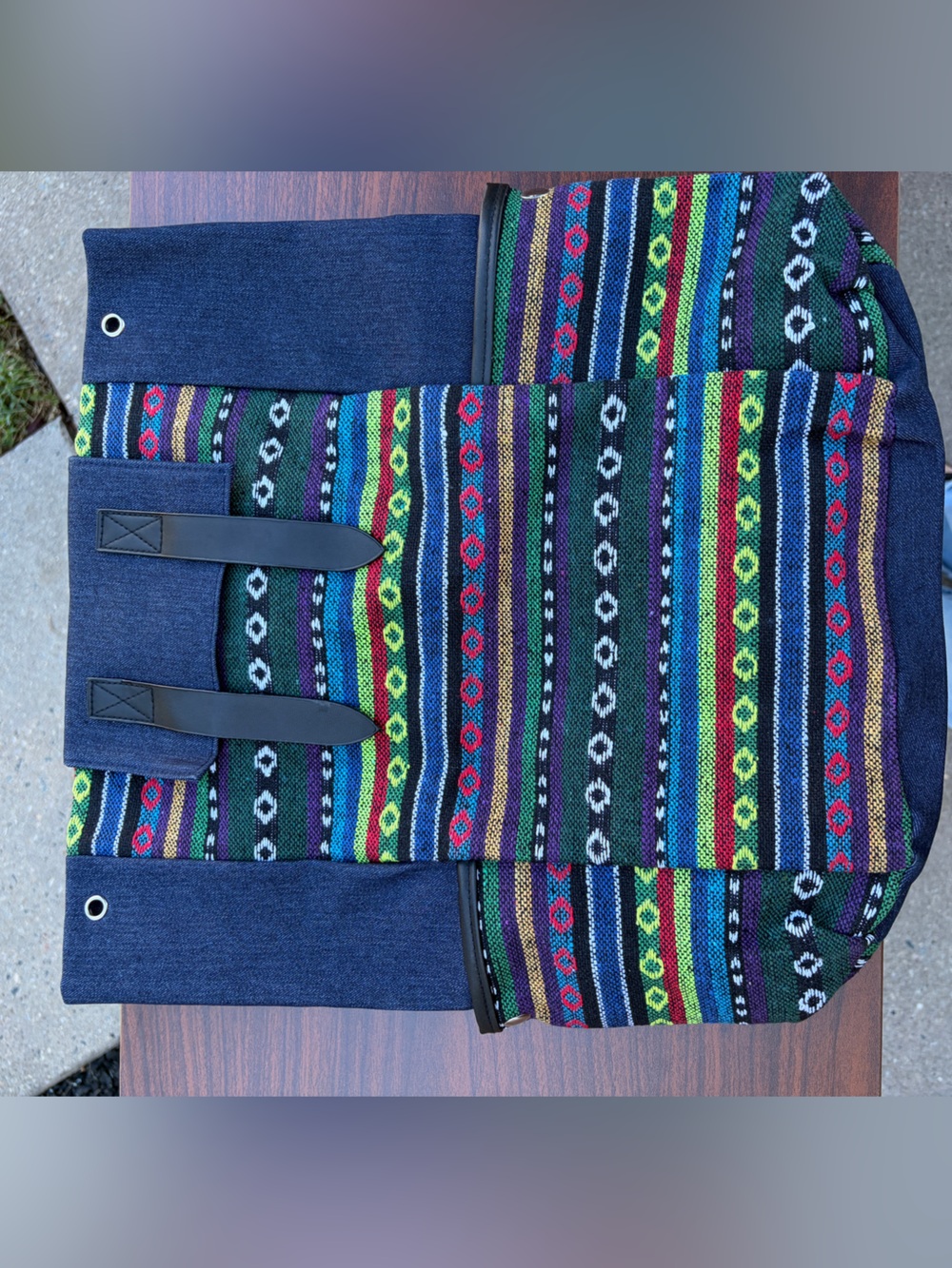 Boho Tribal Denim Backpack Multicolor Woven Pattern New